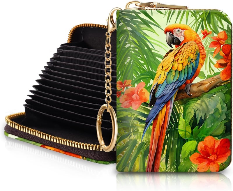 Blusabaca Credit Card Holder for Women, Parrot Bird Small RFID Wallet with Zipper, Card Keychain Wallet, Leather Wallet Card Case, Business RFID Blocking Accordion Purse Wallet Gift - Image 1